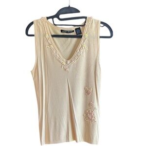 Margaret Frances pale yellow embroidery sequins top linen blend pants  M